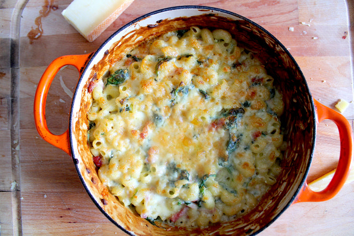 Spinach Mac and Cheese with Gruyere: Straight from the Creuset.